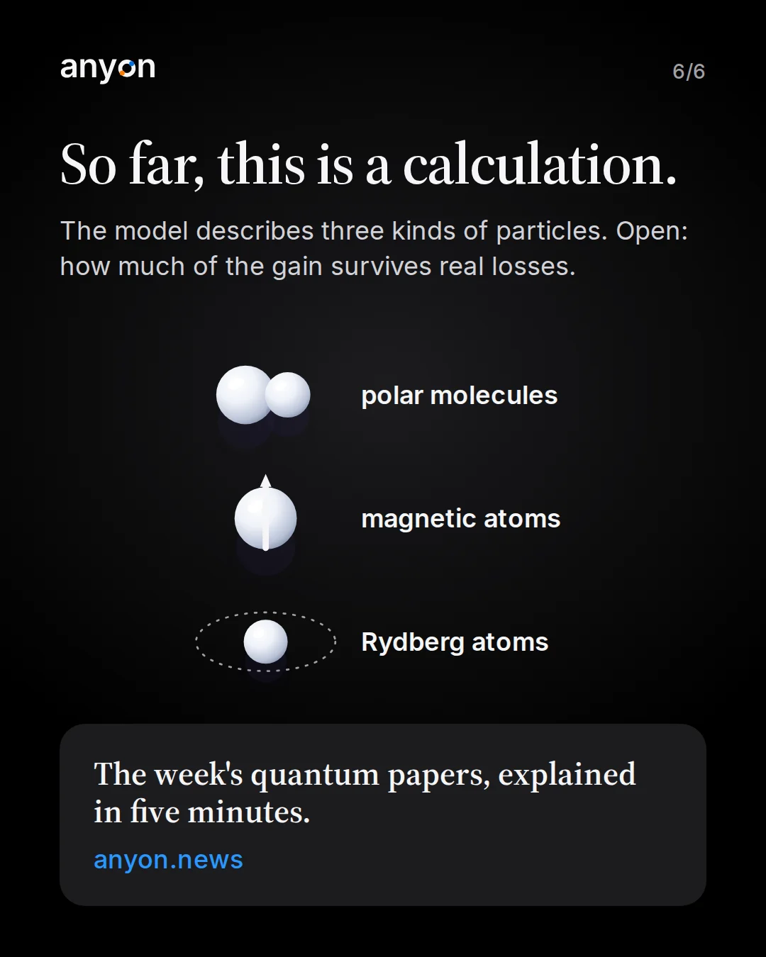 Slide 6: So far, this is a calculation. Three platforms the model describes, drawn as neutral symbols: polar molecules, magnetic atoms and Rydberg atoms. Link to anyon.news.
